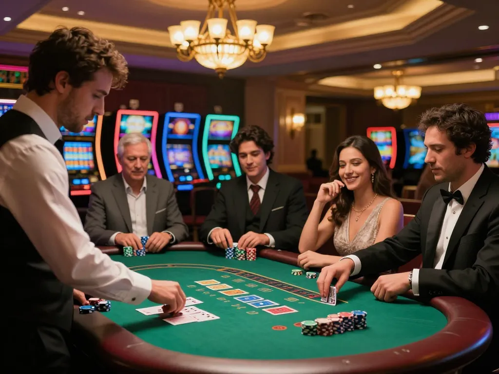 Fly88mb players engaged in blackjack at a luxurious casino table, dealer managing cards.