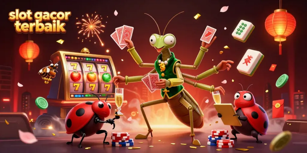 Menangkan permainan slot gacor terbaik dengan ilustrasi kasino yang meriah dan berbagai elemen menarik.