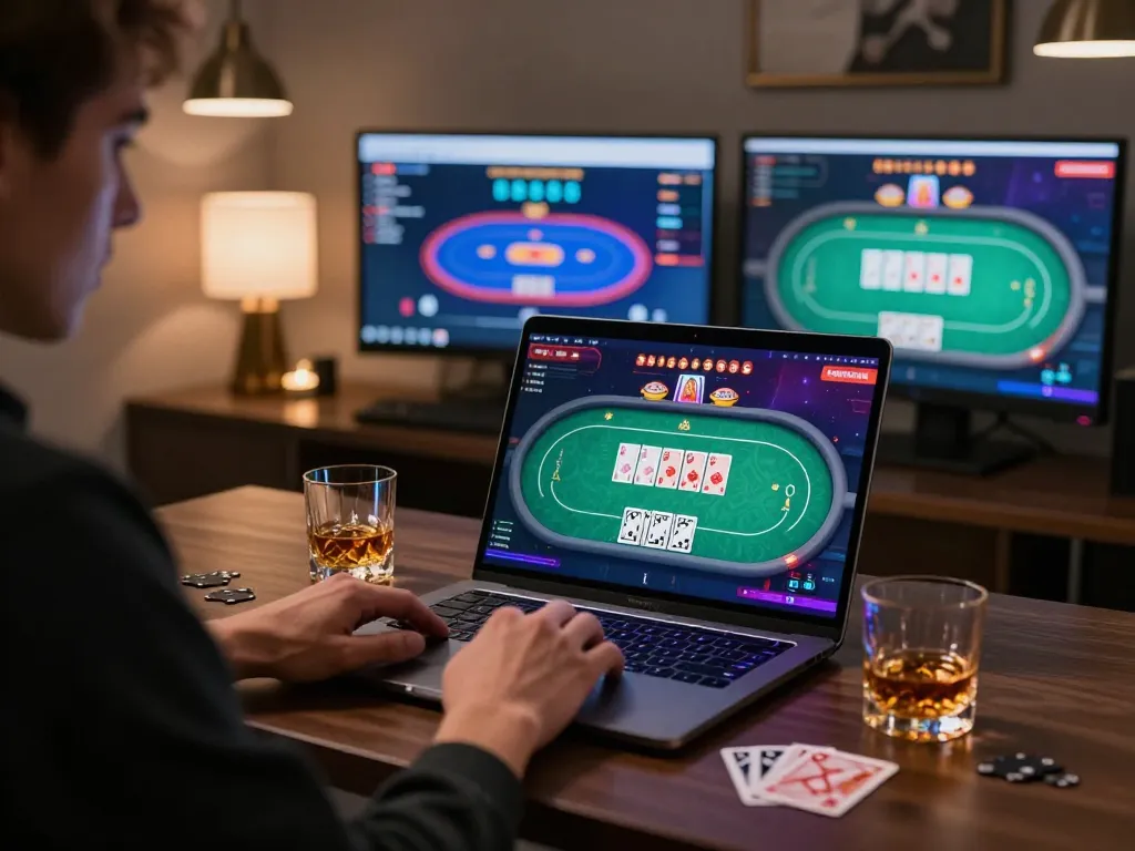 Engaging in strategic gameplay at Jun88 online casino with poker tables displayed on laptop.