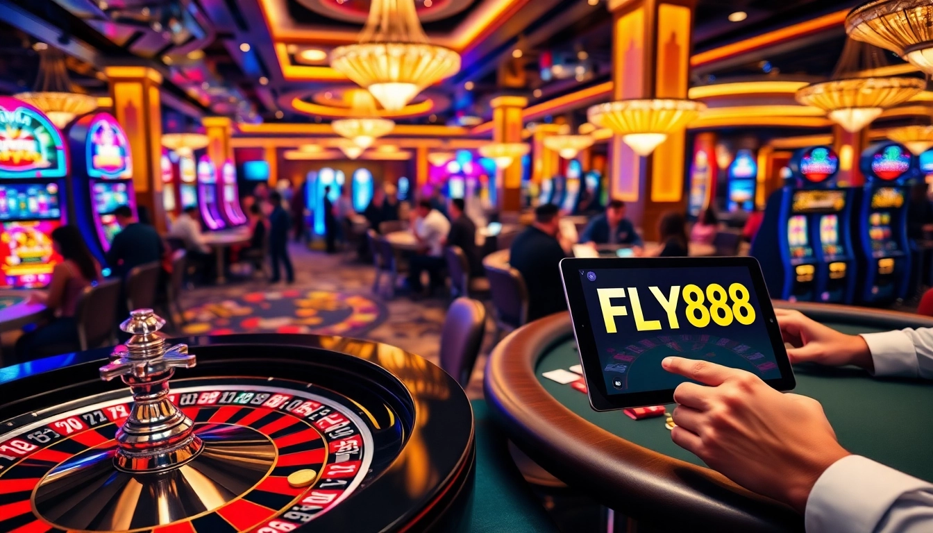 Engaging scene of FLY88 gaming excitement with poker tables, roulette, and bright slot machines.