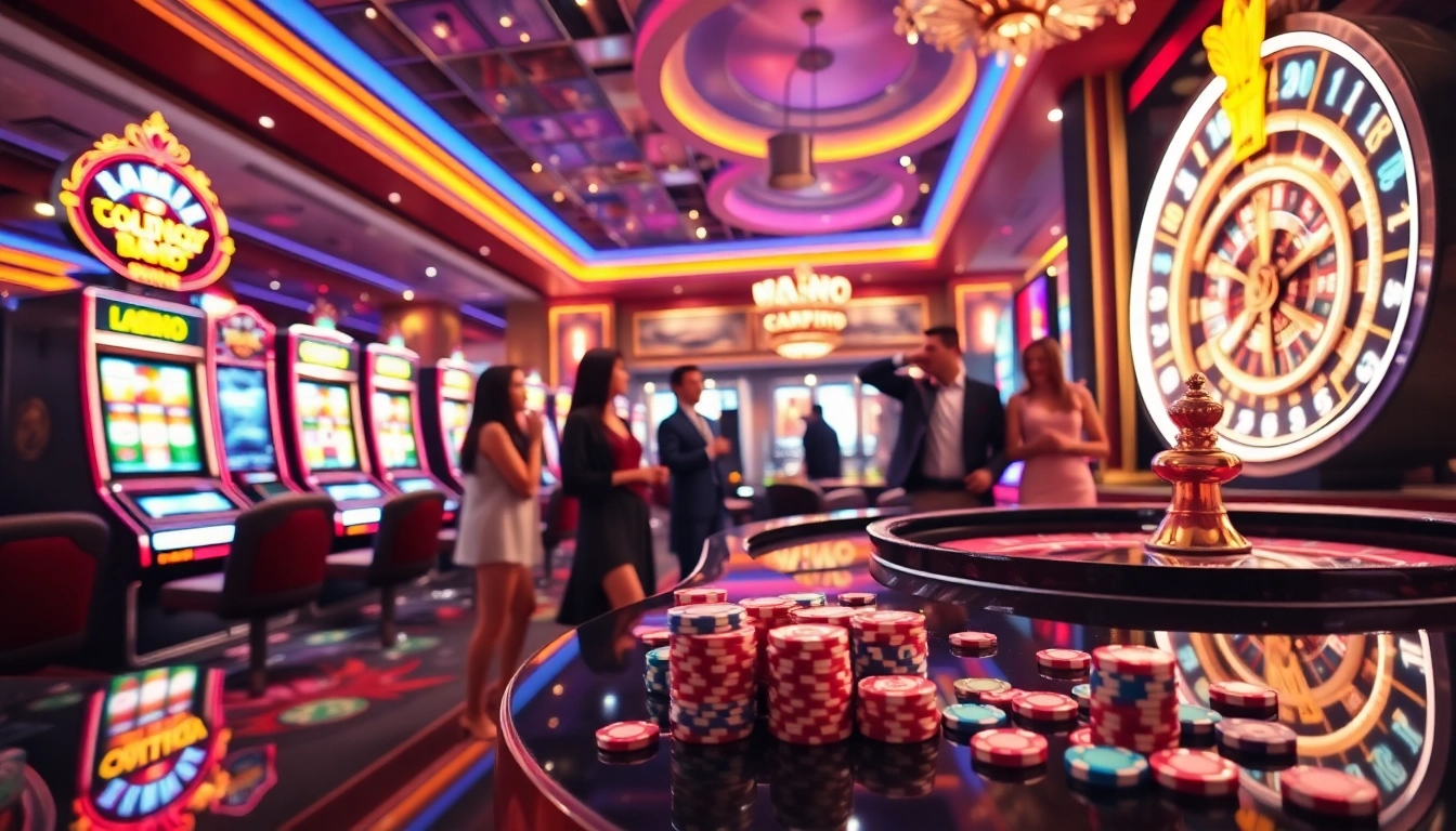 Engaging players at slot machines in a luxurious casino environment featuring nổ hũ đổi thưởng.