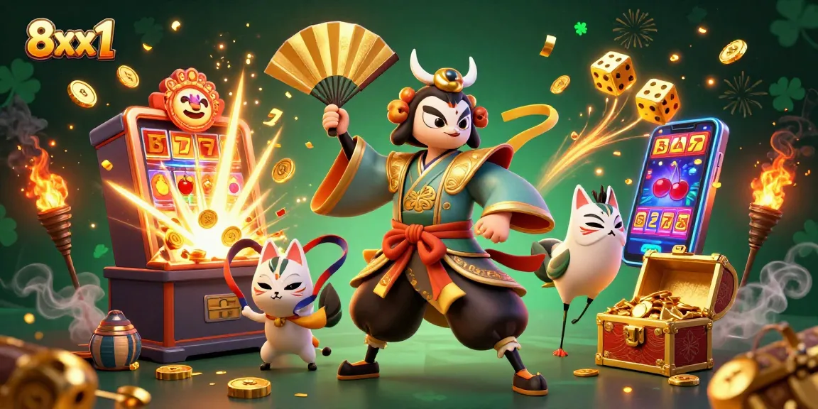 Win big at 8xx1 with jackpot slots, glowing dice, and dynamic casino elements in a vibrant scene