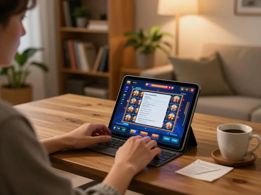 Engaging online casino experience at nk88 com with tablet gaming setup in a cozy environment.