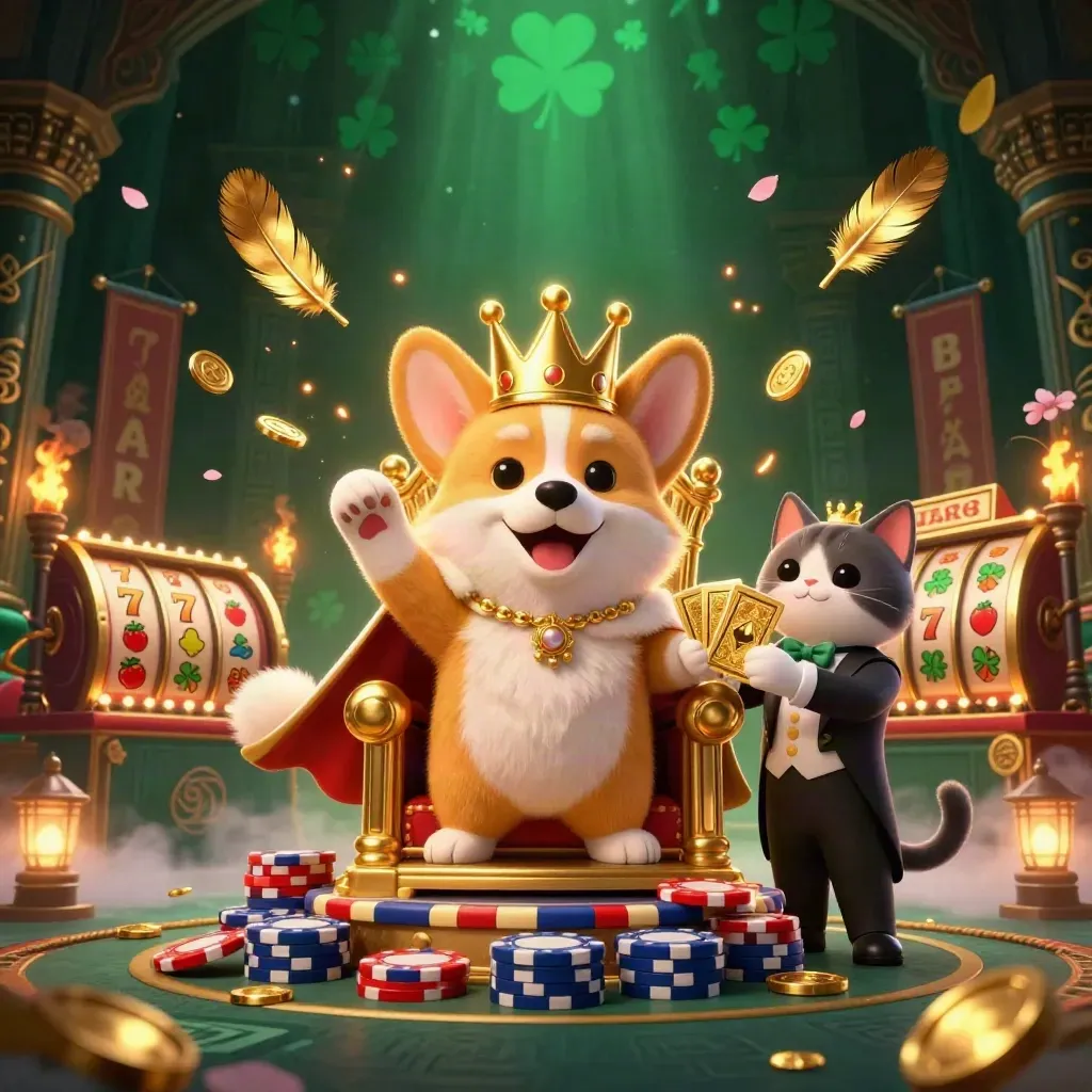 Royal corgi and cat butler amid casino treasure, temple gate, and glowing jackpot magic.