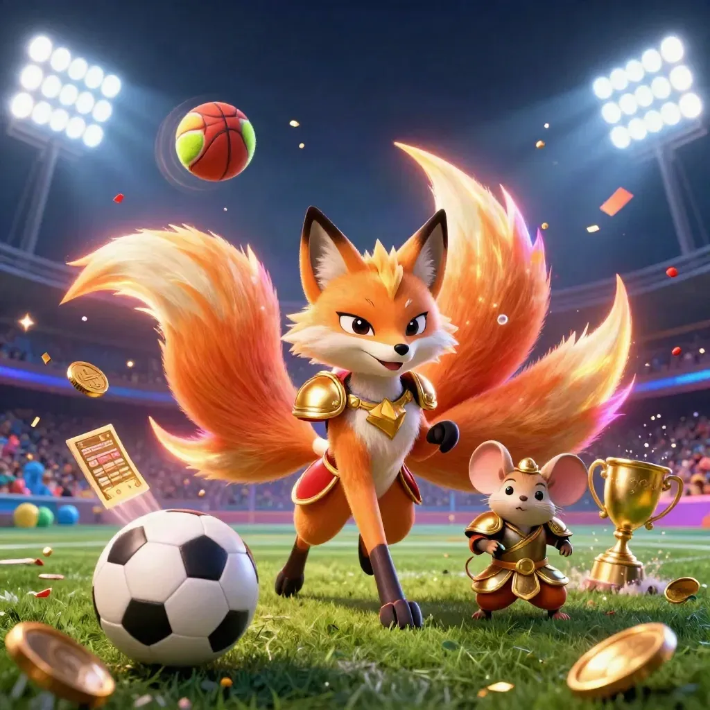Nine-tailed fox and samurai mouse amid flying balls, coins, confetti, and floodlit neon casino energy.