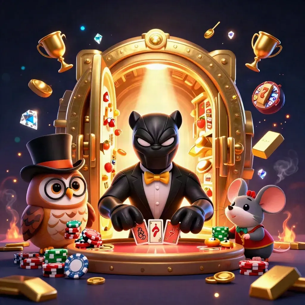 Panther, owl, and mouse team up before a blasting golden vault in a luxe casino scene.