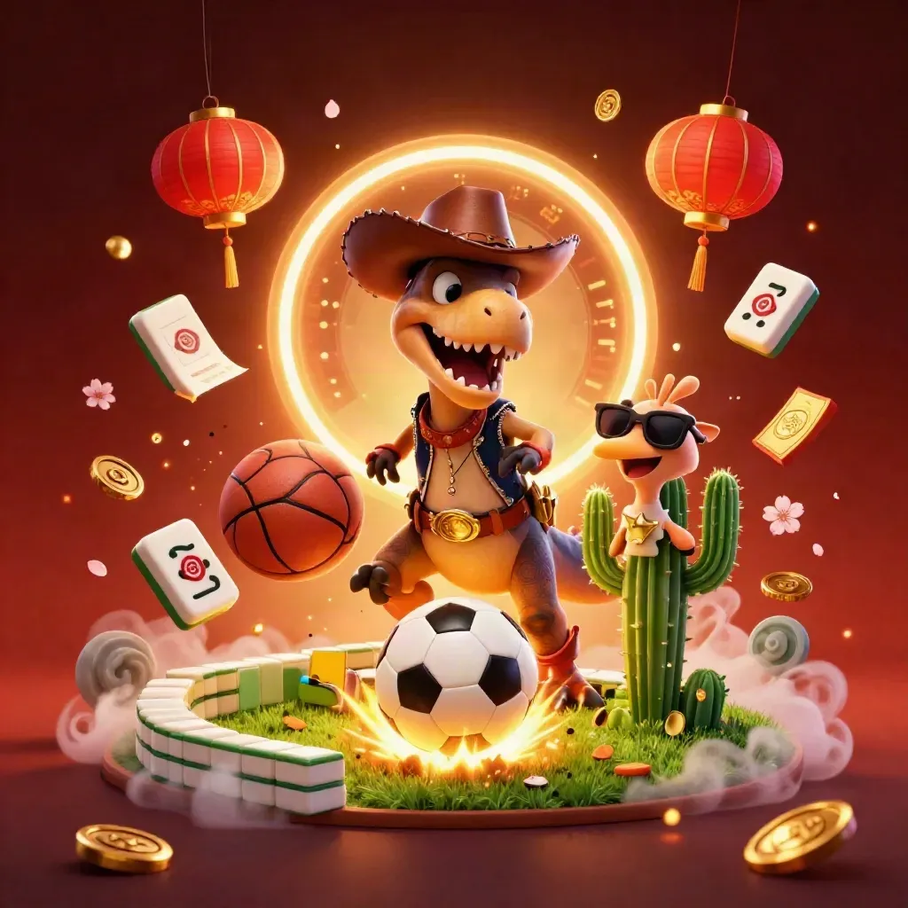 Cowboy T-Rex, cactus and roadrunner amid a flying soccer ball, coins and casino glow.