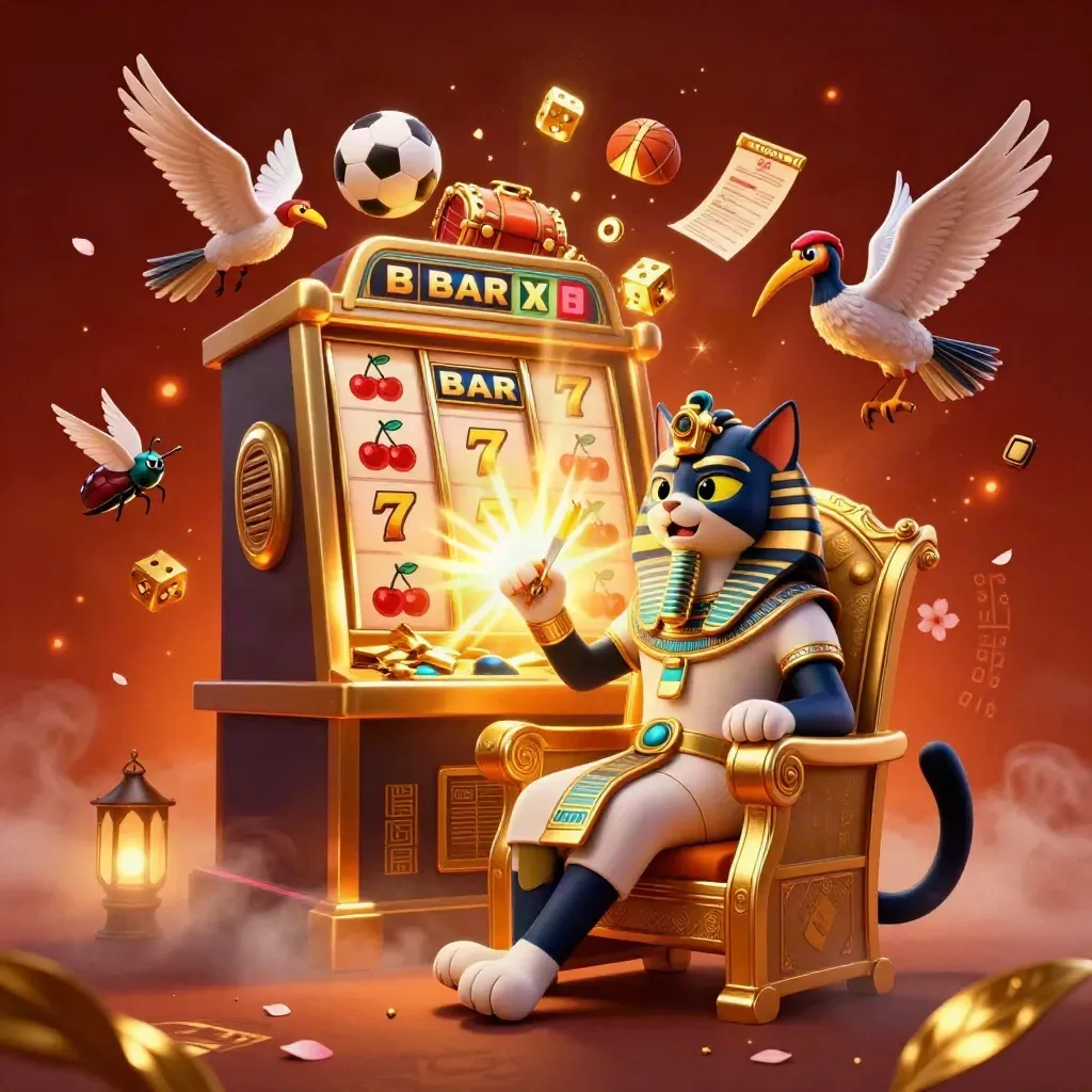 Pharaoh cat, ibis, and scarabs amid exploding casino symbols, gold, and sports balls.