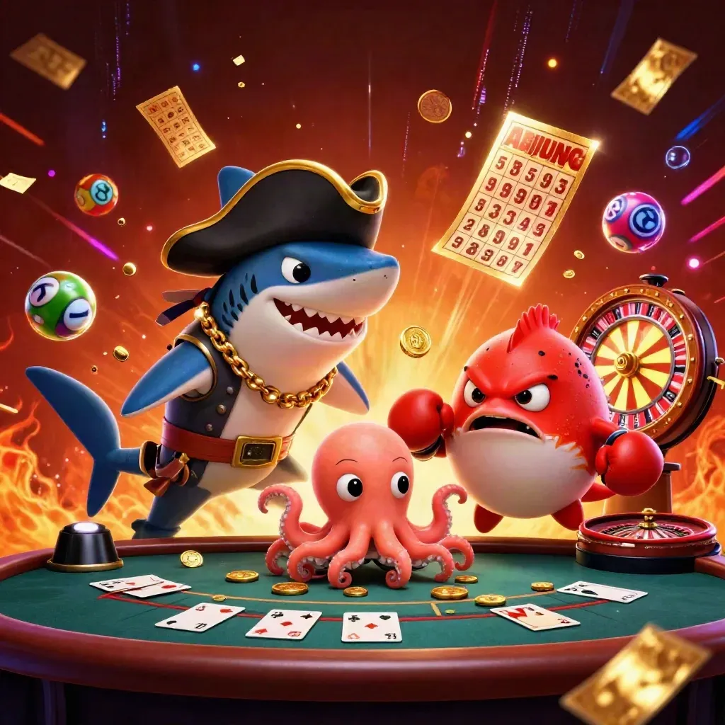 Pirate shark, boxing pufferfish, and juggling octopus amid casino lights and gold.