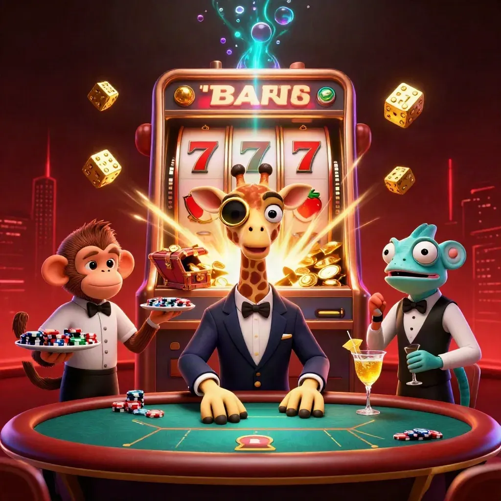 Three cartoon casino animals amid a jackpot burst, gold coins, neon glow, and a dark luxe skyline.