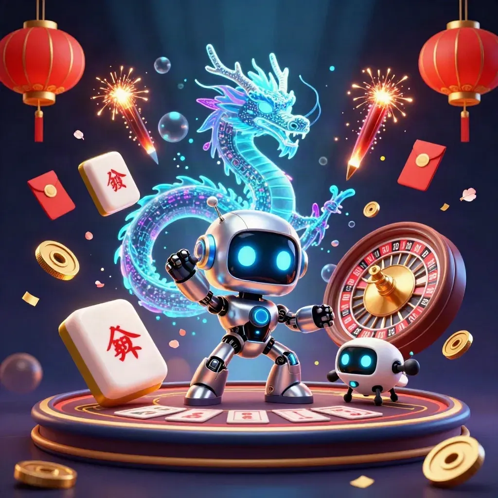 Cyberpunk robot, AI dragon, and coin drone amid casino lights, lanterns, coins, and fireworks