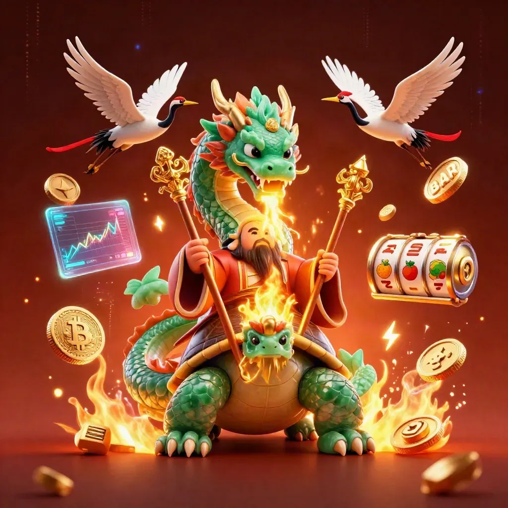 Dragon, turtle sage, and cranes amid gold fire, coins, reels, and jackpot sparks