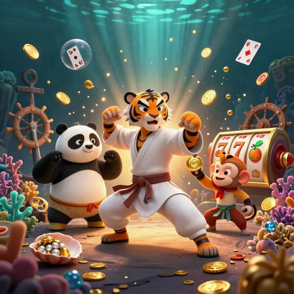 Tiger master, panda disciple, and monkey thief burst amid underwater gold and casino treasures.