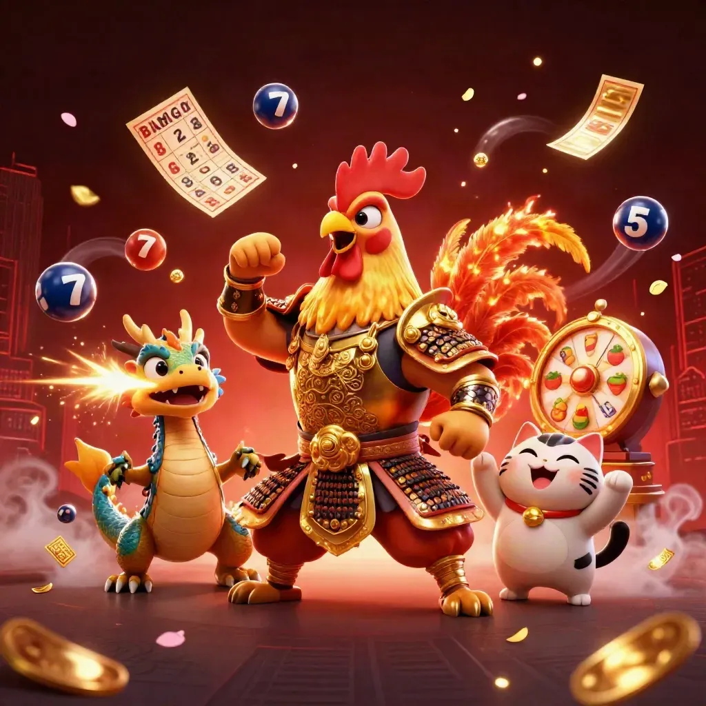 Rooster samurai, spark-breathing dragon hatchling and cheering fortune-cat amid casino bursts.