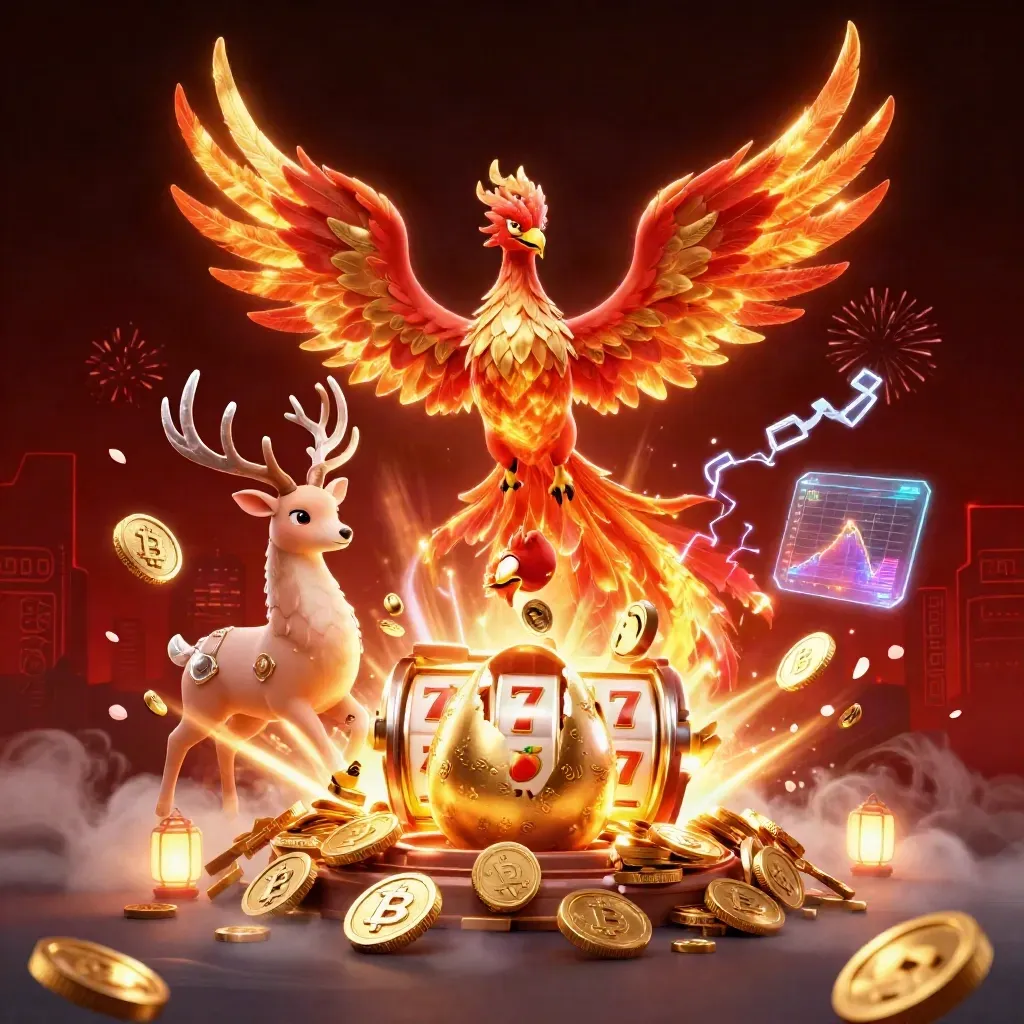 Phoenix, stag, and hatchling amid coins, vault burst, chips, and casino sparks.