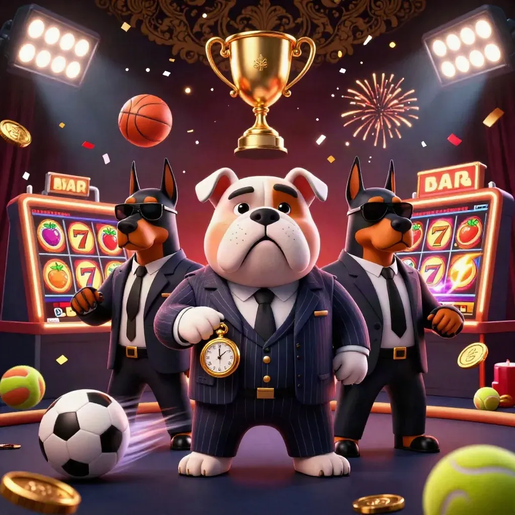 Bulldog boss and two Dobermans amid coins, balls, trophies, fireworks, and slot reels