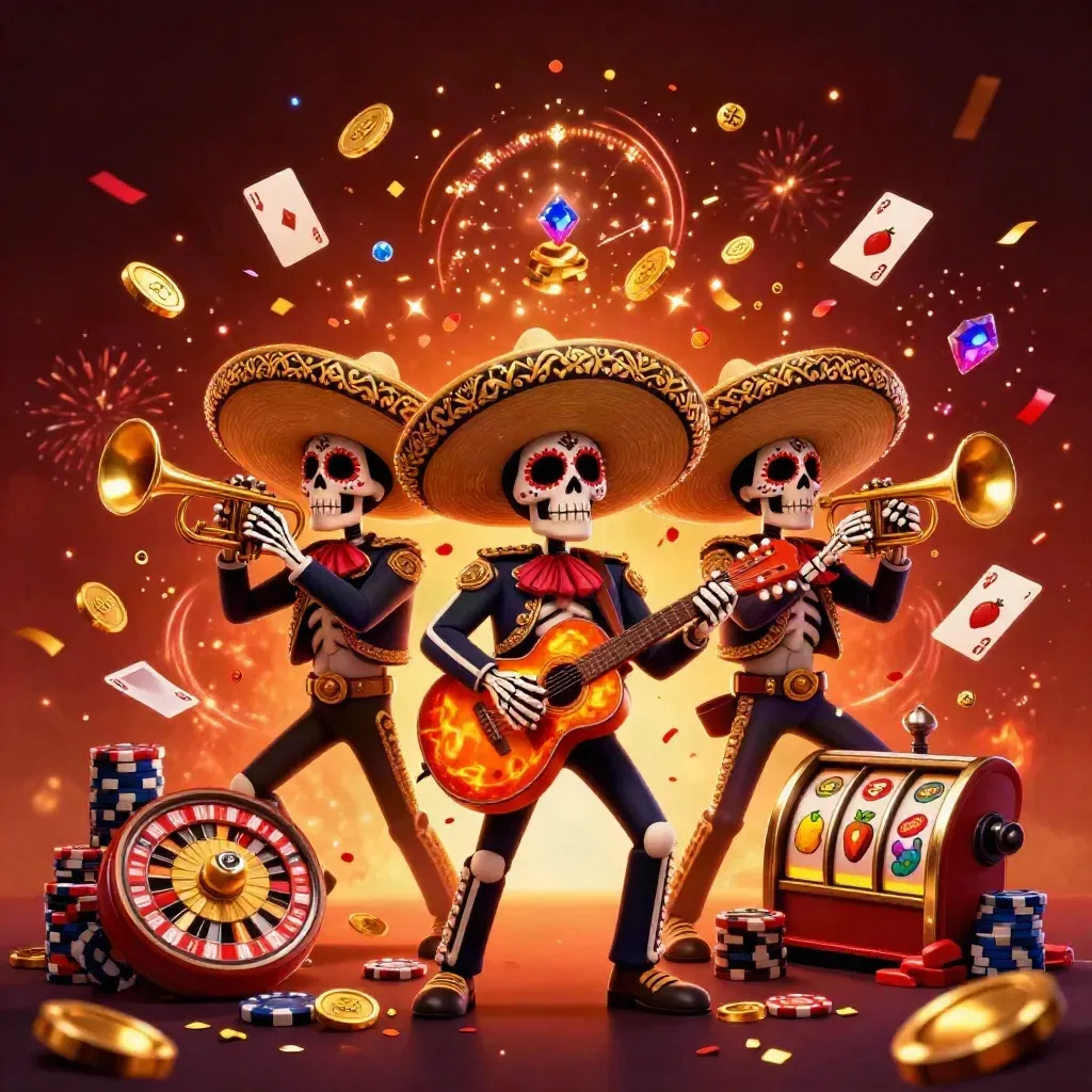 Skeleton mariachi trio amid coins, gems, reels, chips, and fireworks on a gold-lit crimson backdrop.
