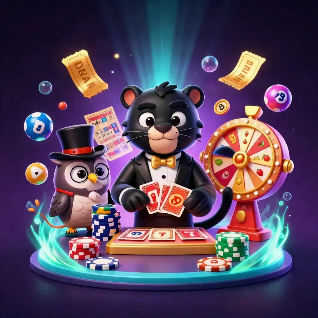 Panther, owl, and mouse amid casino bursts, gold chips, reels, and neon jackpot glow.