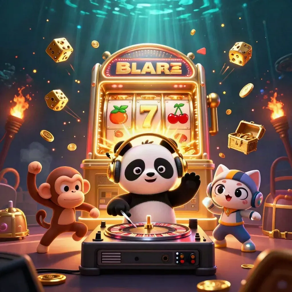 DJ panda, dancing monkey, and glow-stick kitten amid exploding gold coins and slot machine jackpot action.