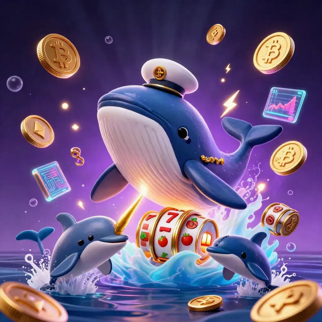 Captain whale, narwhal, and dolphins burst through coins with casino tech effects.