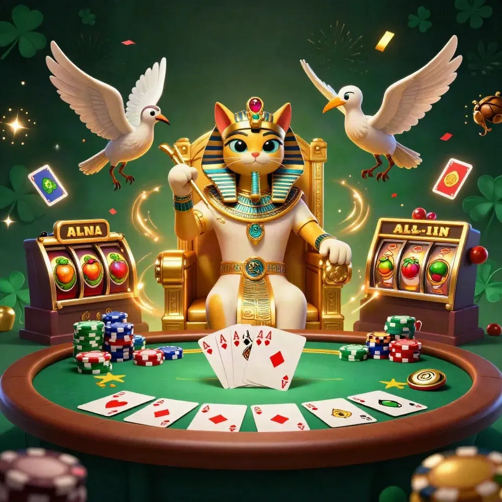 Pharaoh cat, ibis scribe, and scarab beetles amid cards, chips, and glowing slot reels