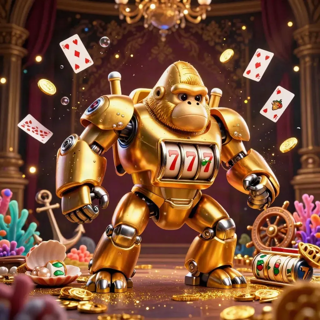 Golden gorilla mech with tiny monkey pilot amid treasure cove, coins, reels, and casino glow.