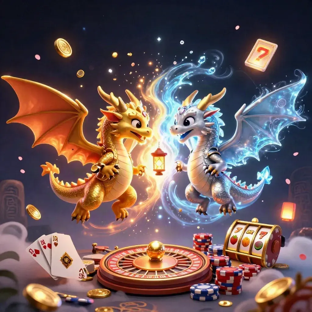 Twin dragons with coins, roulette wheel, cards and chips in royal casino glow.