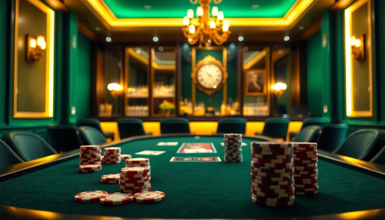 Spiele im casinospielen.de: Elegante Pokerumgebung mit Chipstapeln und Karten auf dem Tisch.