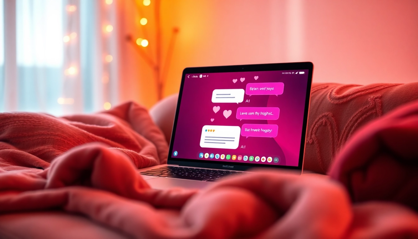 Cozy setting showcasing sex AI chat interface on a laptop, warm lighting, inviting atmosphere.