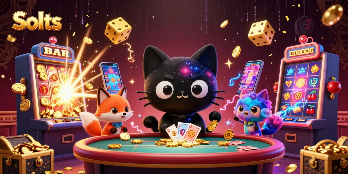 Spin the reels in vibrant Slots with a cosmic black hole cat and nebula fox at a lively casino table