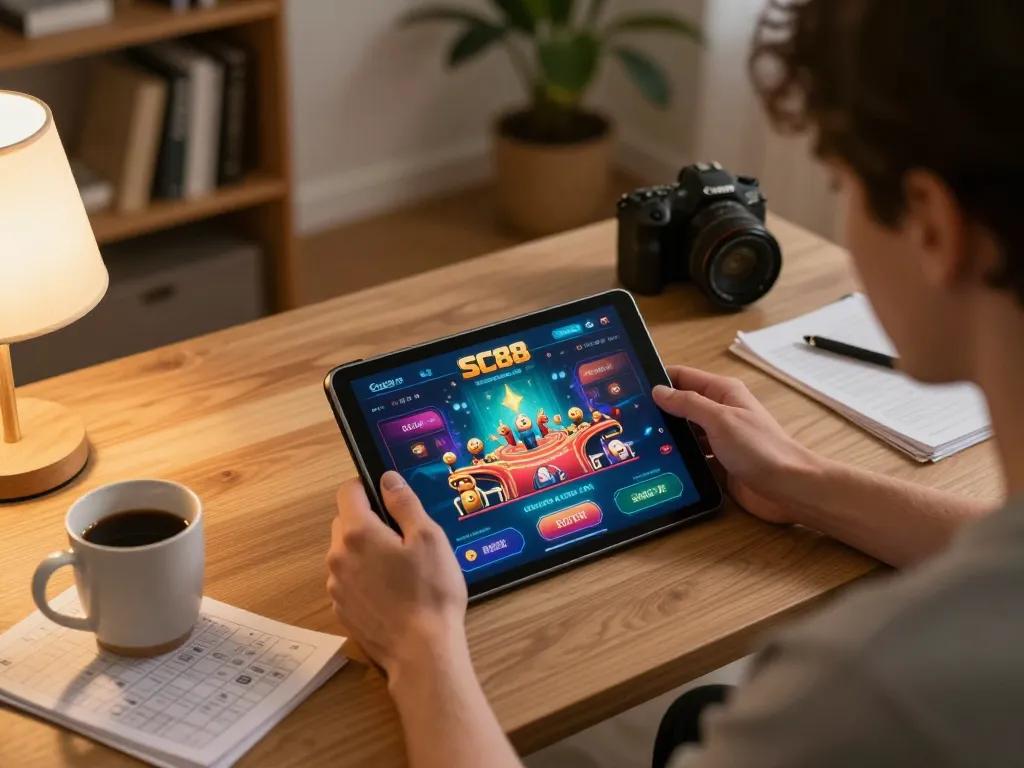 Engaging online gameplay with SC88 app on tablet, highlighting a cozy home gaming setup