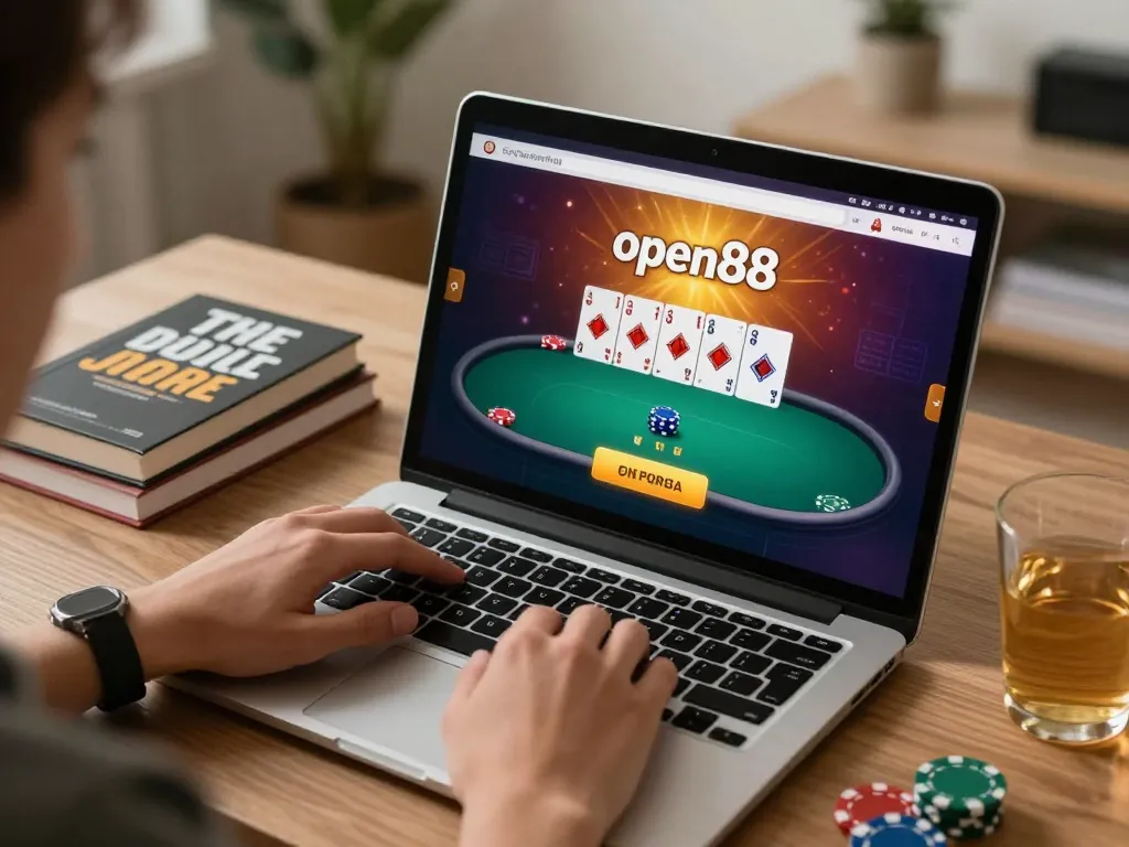 Engaging in strategic gameplay on open88 platform with poker game on laptop in a warm home setting.