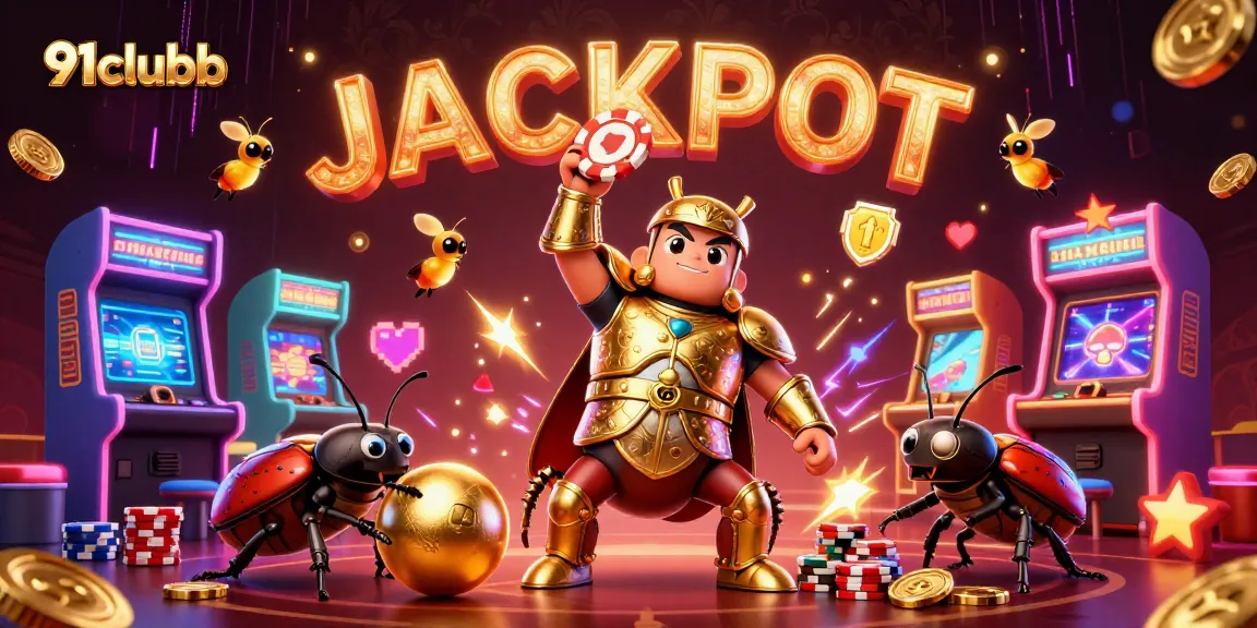 Engage with the vibrant world of 91clubb, featuring a heroic beetle championing victories amidst casino excitement.