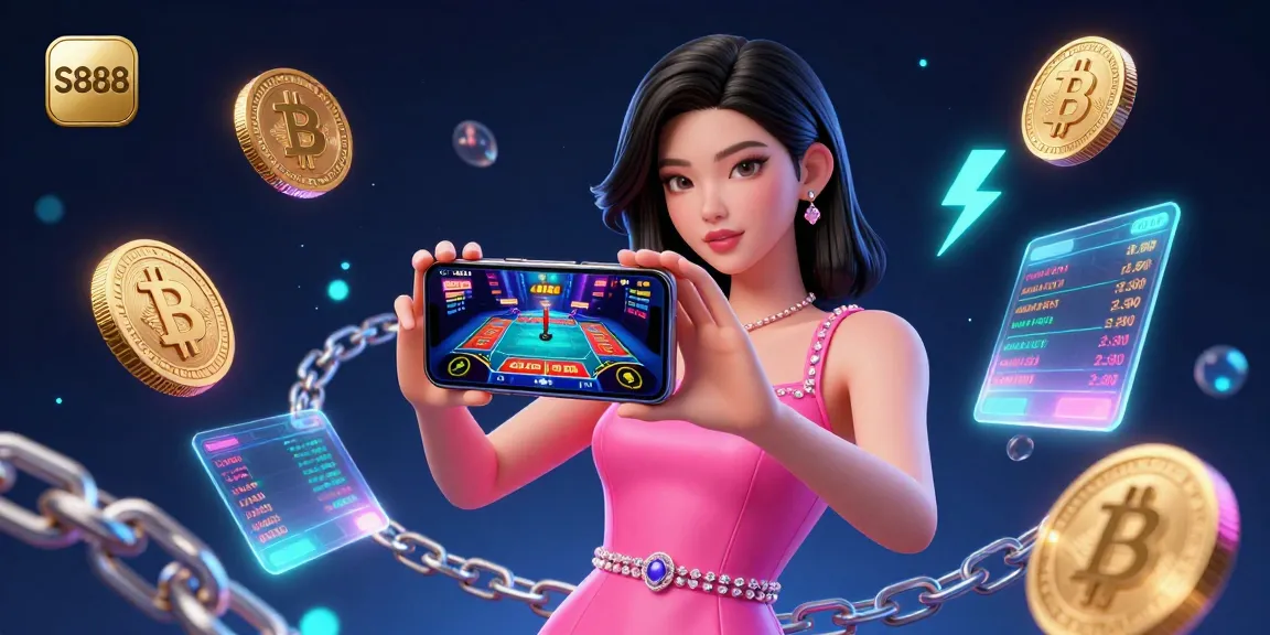 Experience the excitement of S888 with a stunning Asian woman engaging in live dealer casino action on her smartphone amid vibrant digital elements.