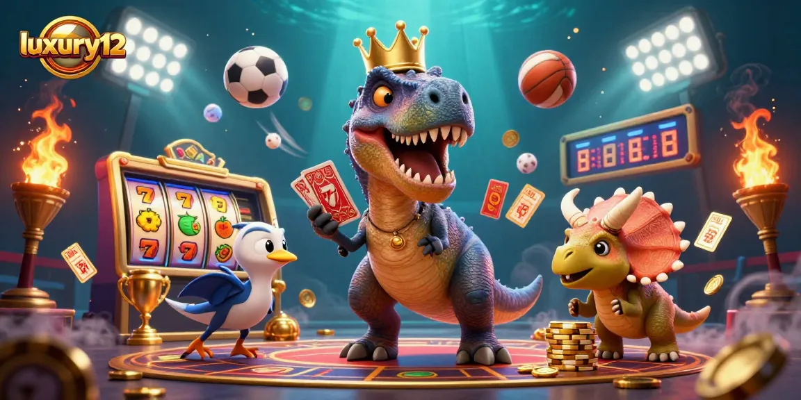 Menangkan jackpot di luxury12 dengan T-Rex lucu bermain kartu dan triceratops menumpuk chip emas.