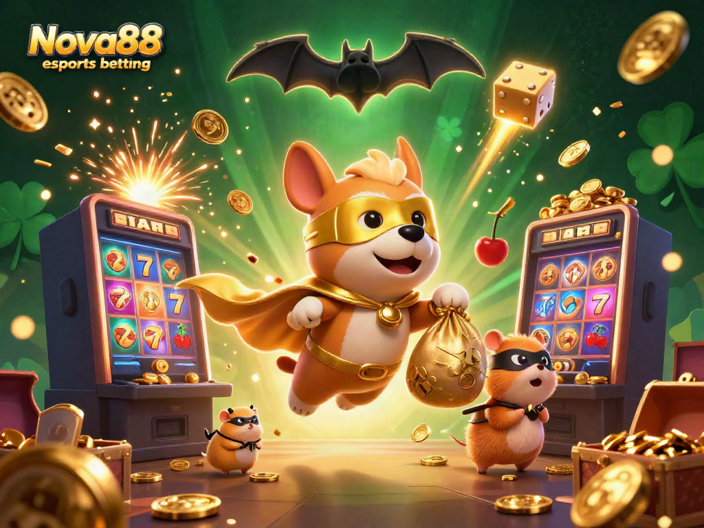 Experience exciting Nova88 esports betting with vibrant visuals of a superhero dog and dynamic gaming elements.