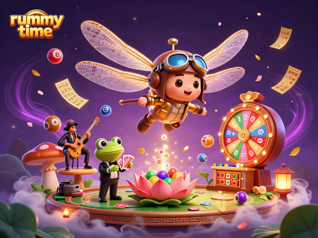 Enjoy thrilling rummy time games with a vibrant, engaging casino scene featuring dynamic characters and elements.