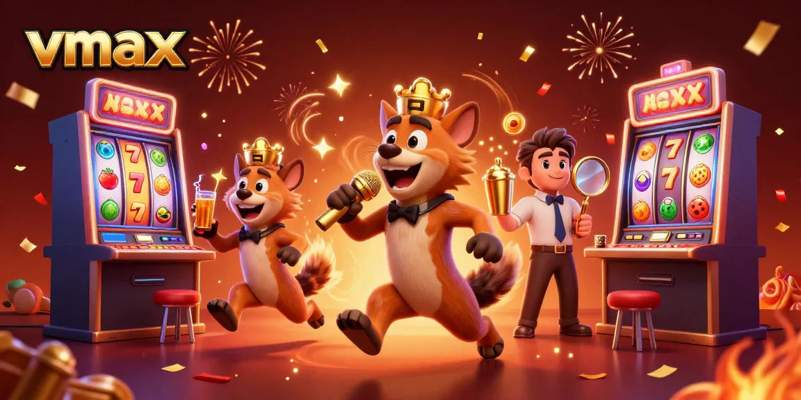 Experience the thrill of vmax casino gaming with vibrant illustrations of fun slot machines and lively characters.