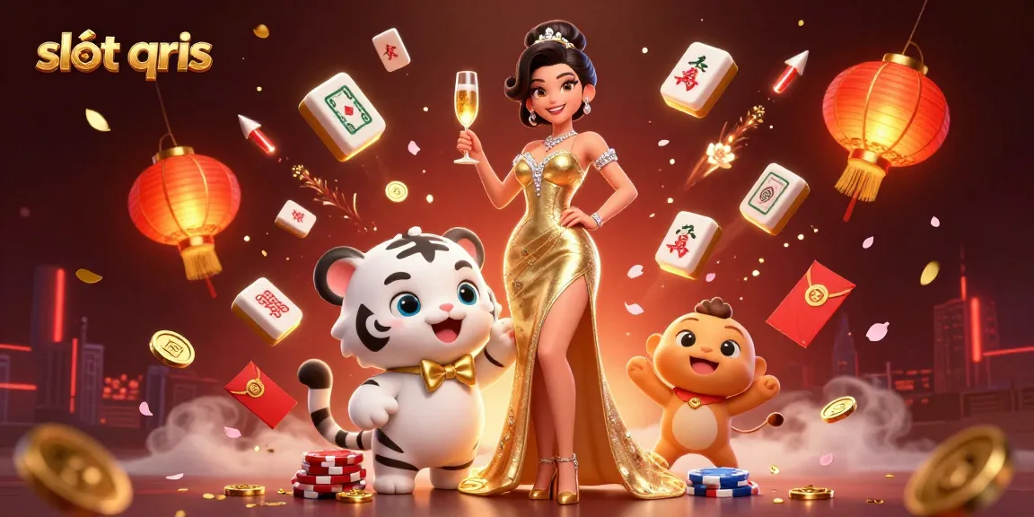 Engaging slot qris illustration showcasing a glamorous woman with a lucky tiger at a casino.