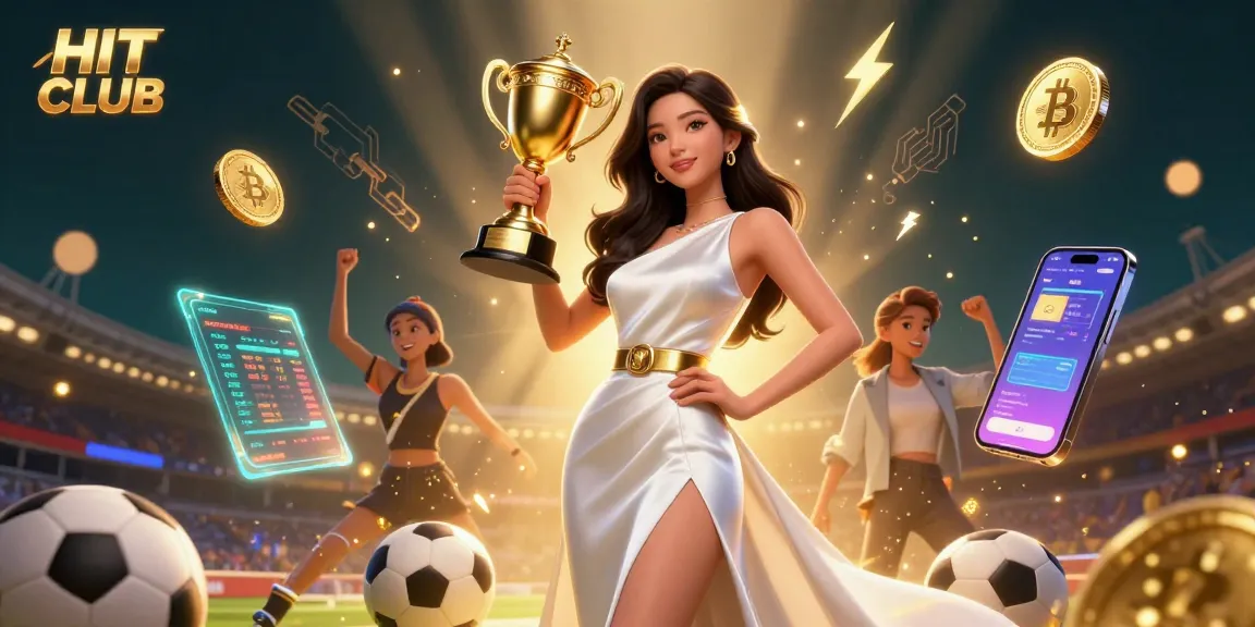 Experience wins at HIT CLUB with a victorious Asian woman holding a golden trophy amidst immersive casino elements.