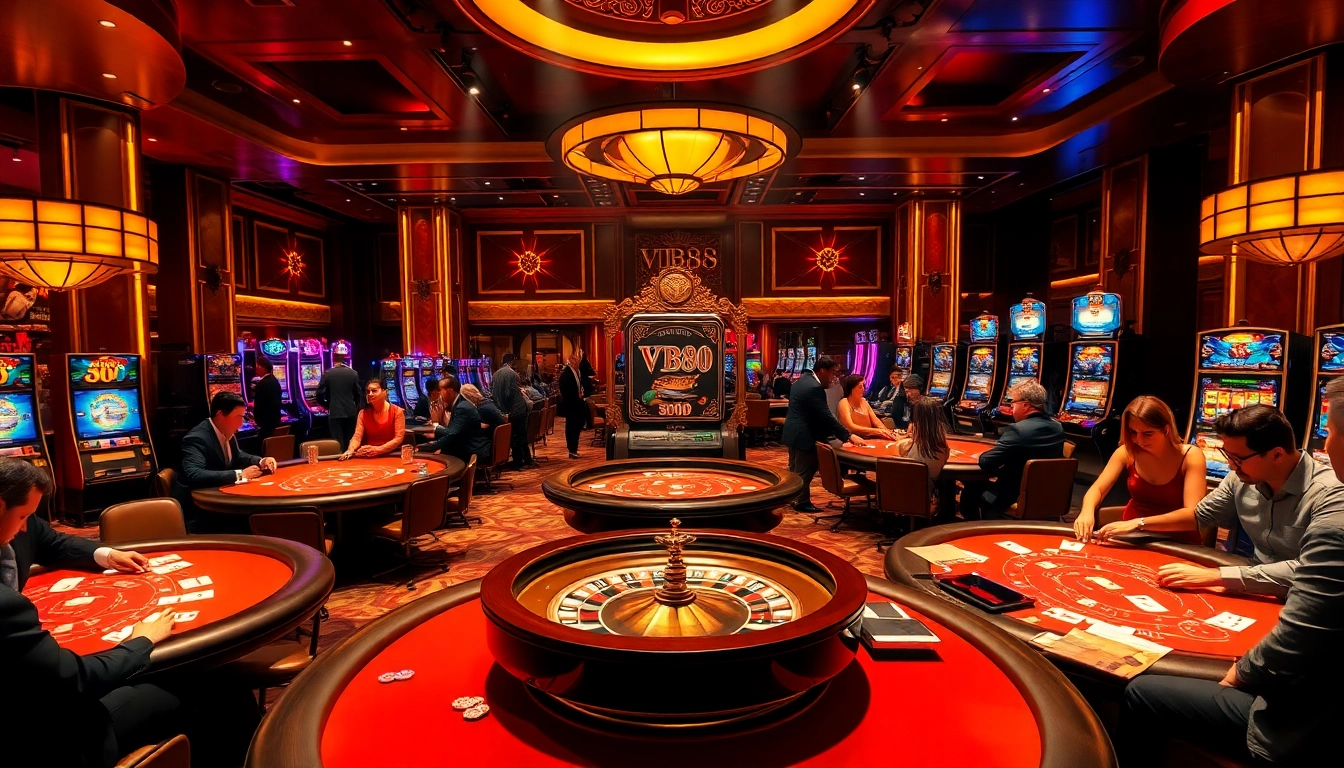 Players engaging intensely with VB88 slot machines at a luxurious casino.