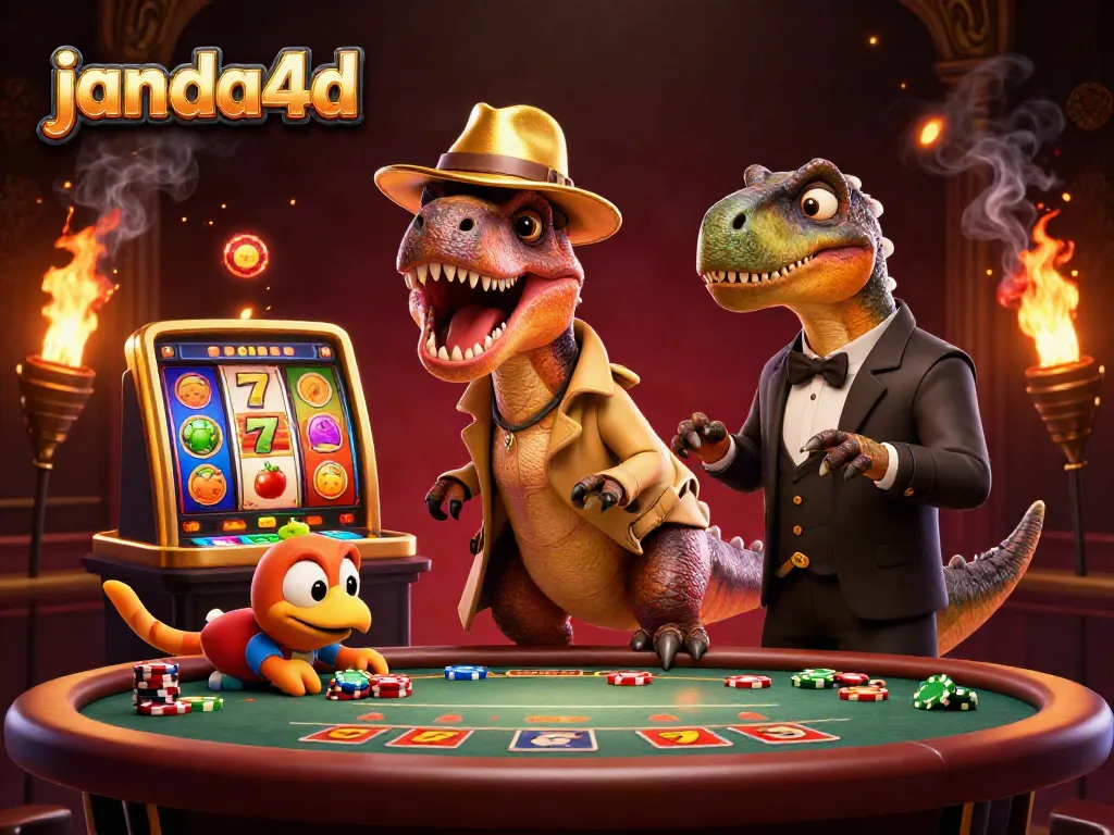 Ilustrasi 3D janda4d yang menampilkan velociraptor di meja blackjack, atmosfer kasino penuh warna.