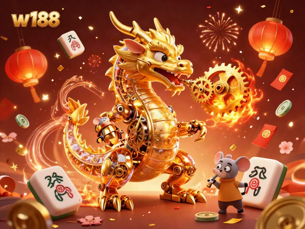 Experience thrilling gaming at w188 with a 3D dragon and festive elements in this vibrant illustration.