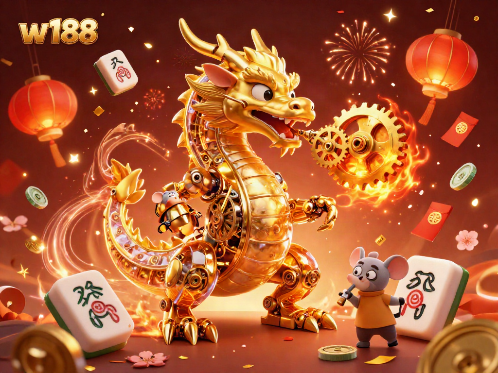 Experience thrilling gaming at w188 with a 3D dragon and festive elements in this vibrant illustration.