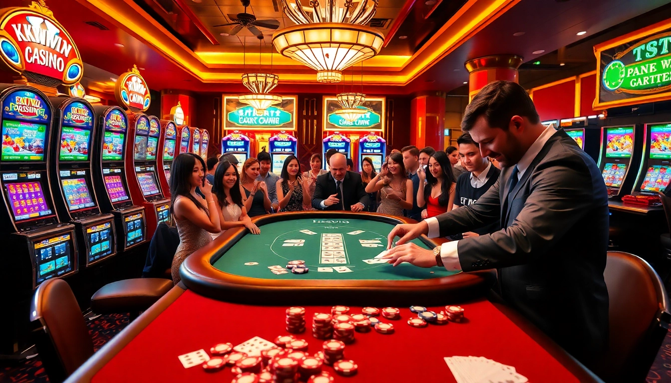 Players enjoying a thrilling game at kkwin.com casino, featuring vibrant slot machines and poker excitement.