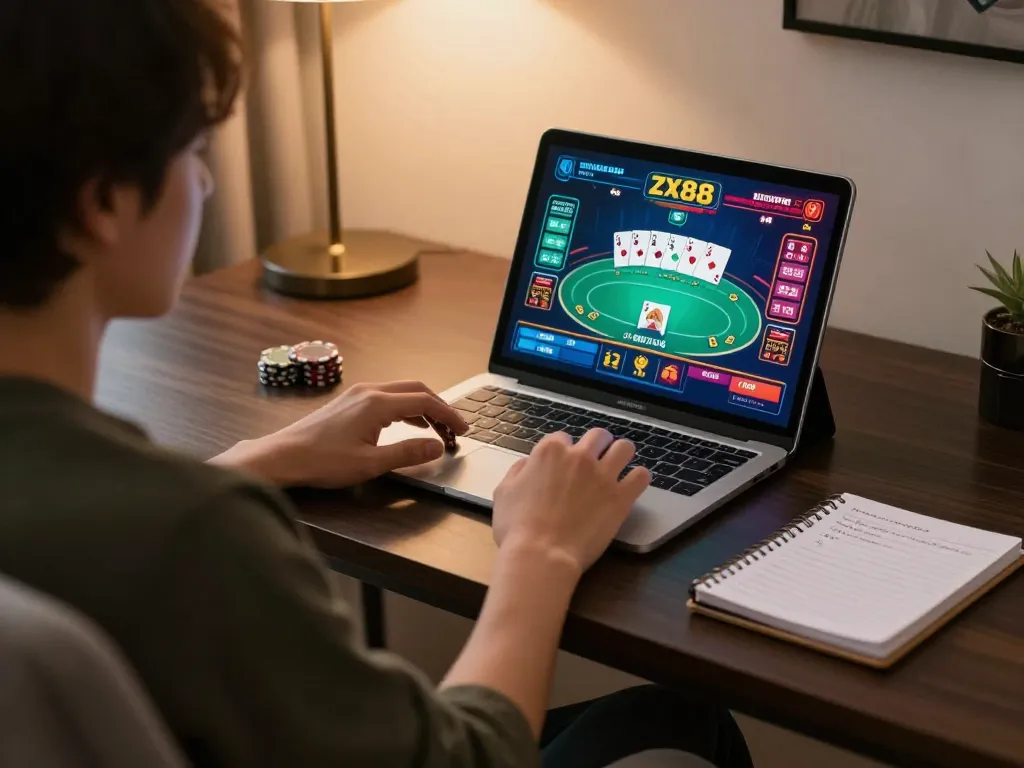 Engaged player enjoying zx88 online poker app on a stylish tablet in a cozy home setting.