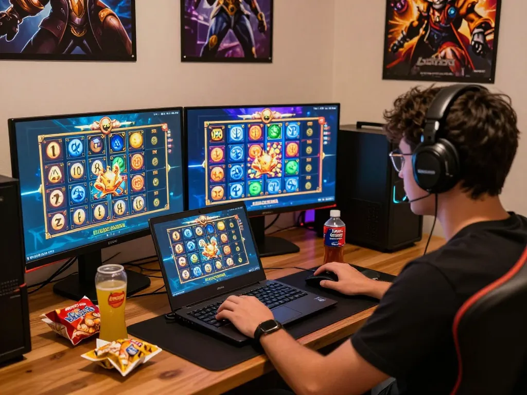 Pemain menikmati permainan slot online situs gacor di setup permainan yang ramai dengan camilan.