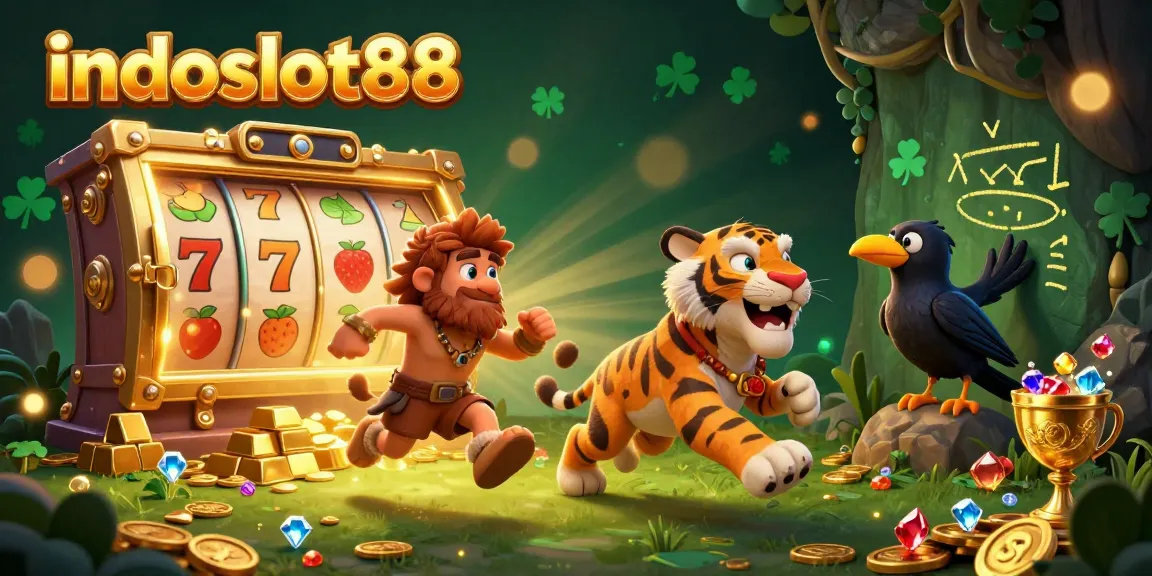 Play exciting slots at indoslot88 featuring a caveman, sabertooth tiger, and treasures.