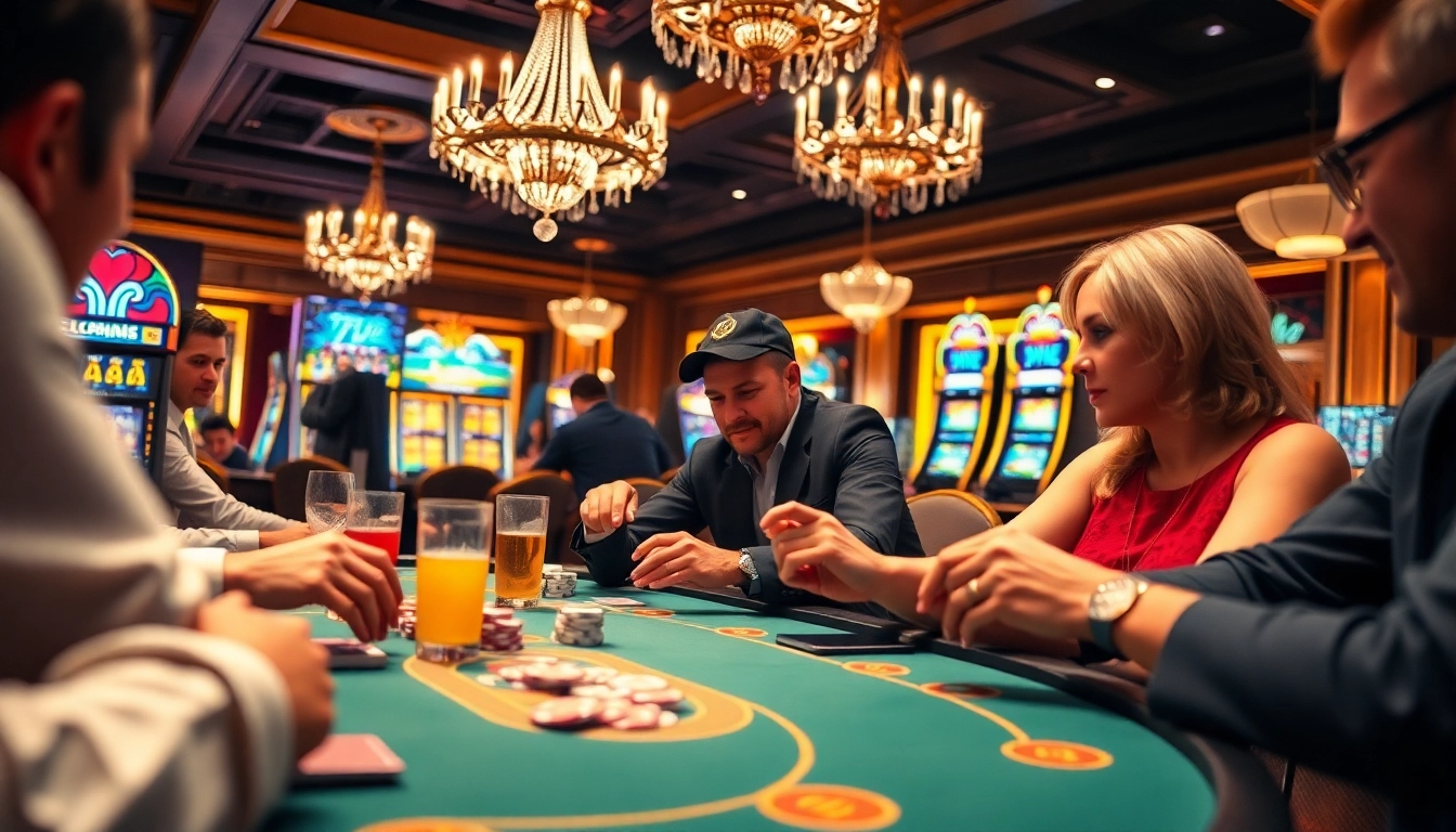 Players strategizing at a poker table in a lively casino scene on w88cas.com.