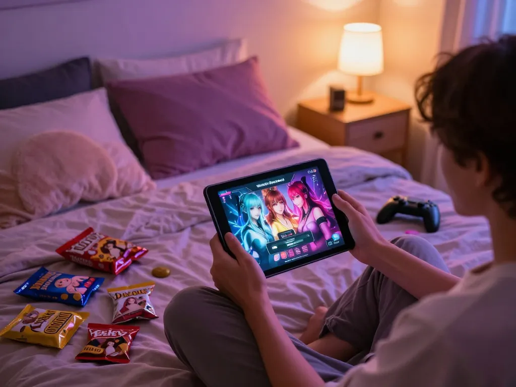 Player enjoying an interactive sex game on a tablet in a cozy bedroom setting.
